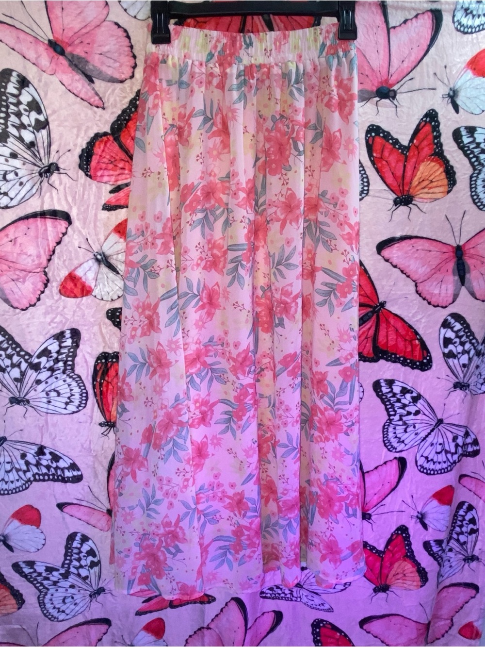 Floral Pink Skirt with Elastic Waist